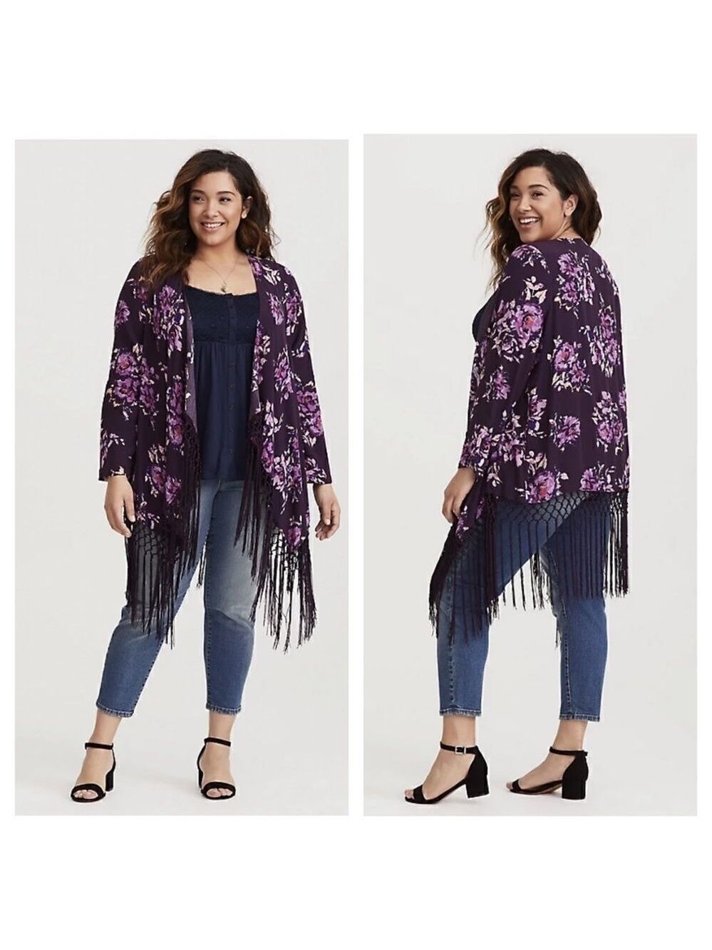 Torrid Floral Print Drape Front Fringe Kimono
